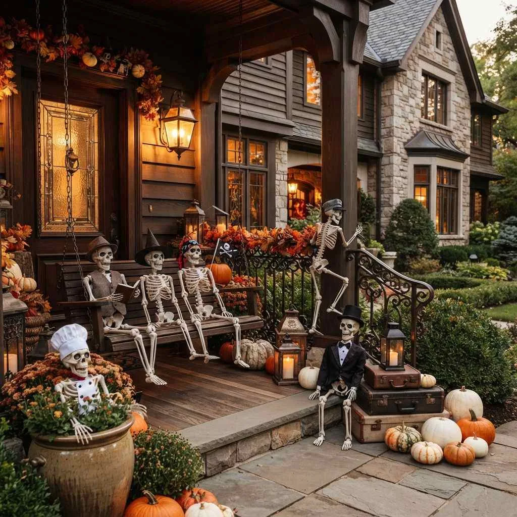15 Halloween Porch Decorating Ideas That'll Make Your House the Talk of the Neighborhood 4 Skeleton Crew Greeting