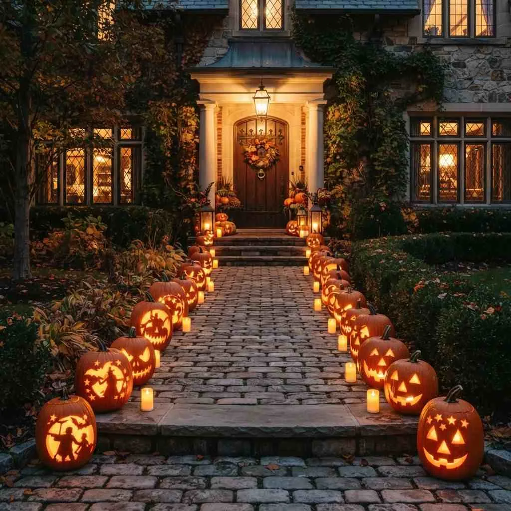 15 Halloween Porch Decorating Ideas That'll Make Your House the Talk of the Neighborhood 2 Glowing Pumpkin Pathway