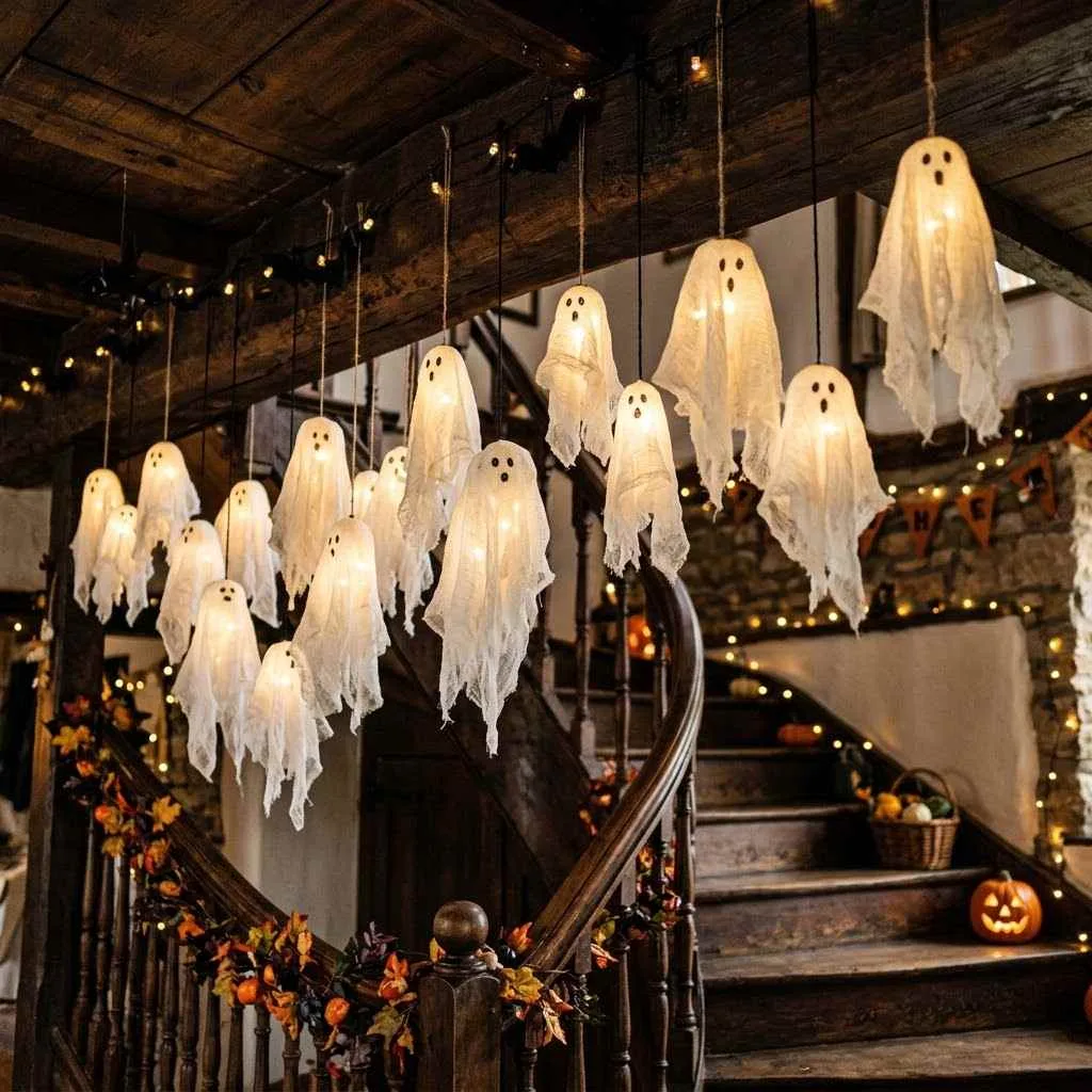 15 Halloween Staircase Decor Ideas That Will Steal the Show 15 14. Hanging Ghost Cluster