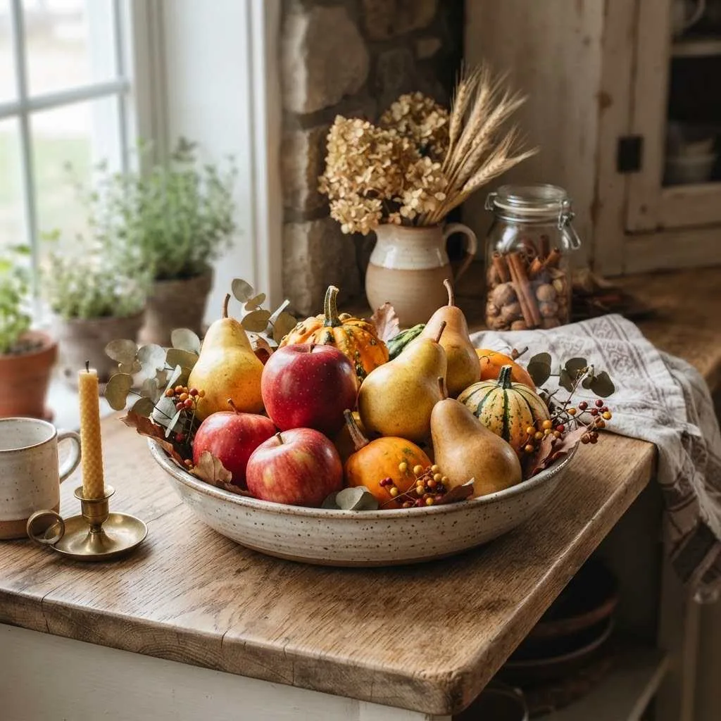15 Fall Shelf Styling Ideas to Cozy Up Your Home This Season 8 7. Harvest Fruit Bowl Vignette
