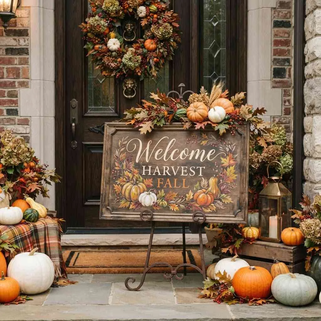 15 Fall Outdoor Decor Ideas to Transform Your Porch and Yard 16 Harvest-Inspired Welcome Sign