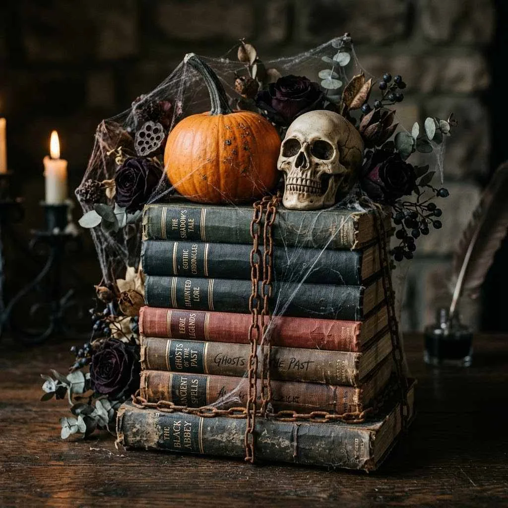 13. Haunted Book Stack Centerpiece