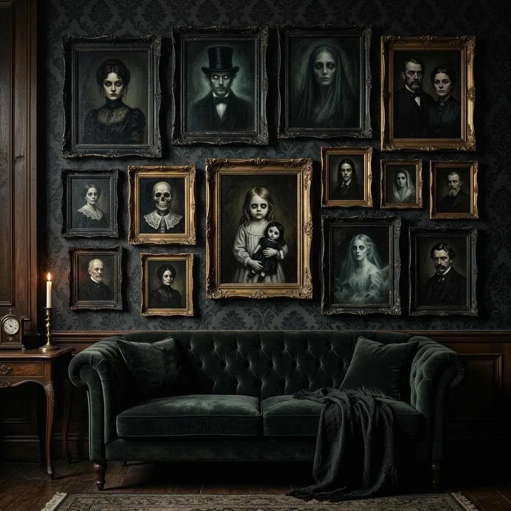 15 Halloween Living Room Decor Ideas 13 12. Haunted Portrait Gallery Wall