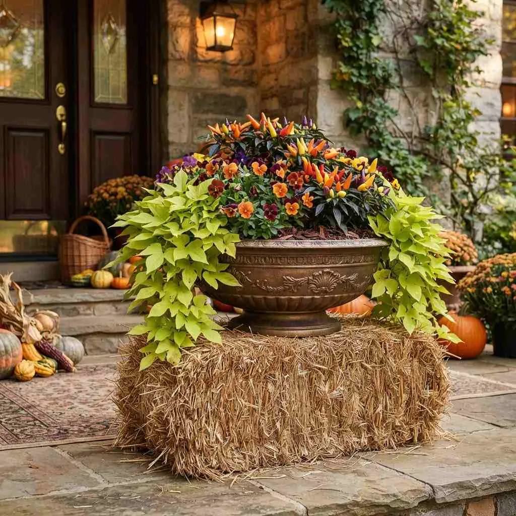 15 Fall Planter Ideas to Cozy Up Your Porch This Season 9 Hay Bale Layered Planter