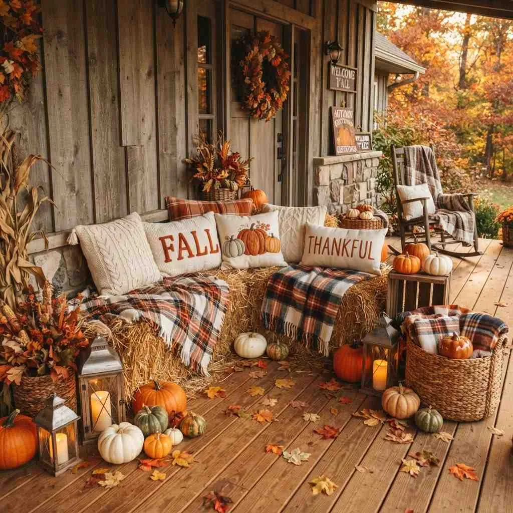 15 Farmhouse Halloween Decor Ideas That Bring Cozy Charm to Your Home 11 Hay Bale Seating Nook