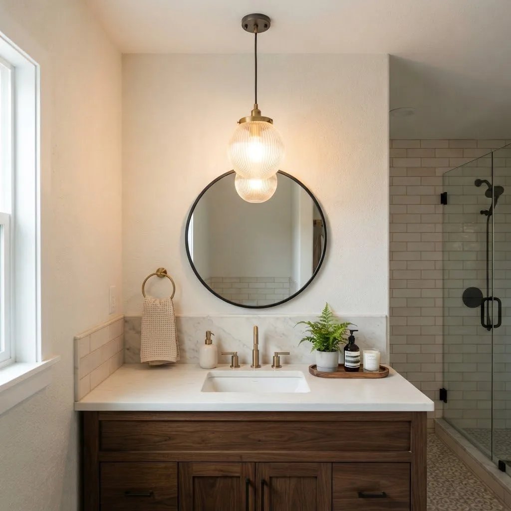 15 Bathroom Decor Ideas That'll Make You Fall in Love With Your Space 7 Install a Chic Pendant Light compressed 1
