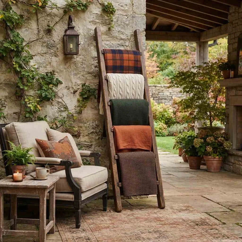 15 Fall Patio Decor Ideas That'll Make You Want to Stay Outside All Season 12 Install a Cozy Outdoor Blanket Ladder