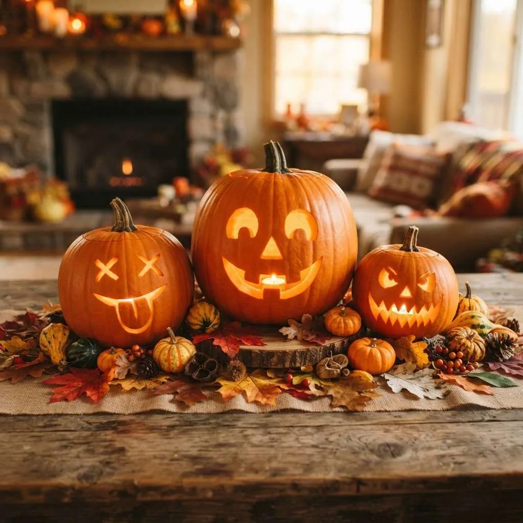 15 Spooktacular Halloween Table Centerpiece Ideas 14 Jack-O'-Lantern Centerpiece Trio