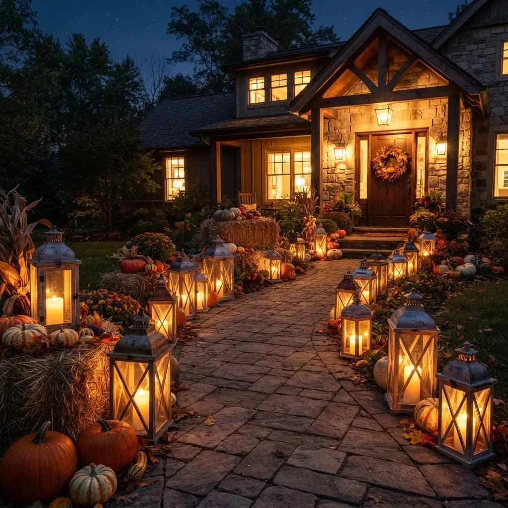 15 Farmhouse Halloween Decor Ideas That Bring Cozy Charm to Your Home 14 Lantern and Candle Pathway