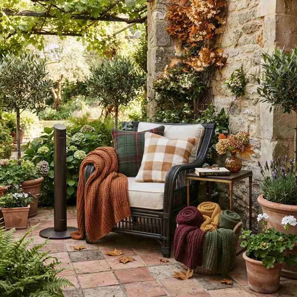 15 Fall Patio Decor Ideas That'll Make You Want to Stay Outside All Season 2 Fall Patio Decor Ideas Layer in Chunky Knit Throws and Pillows