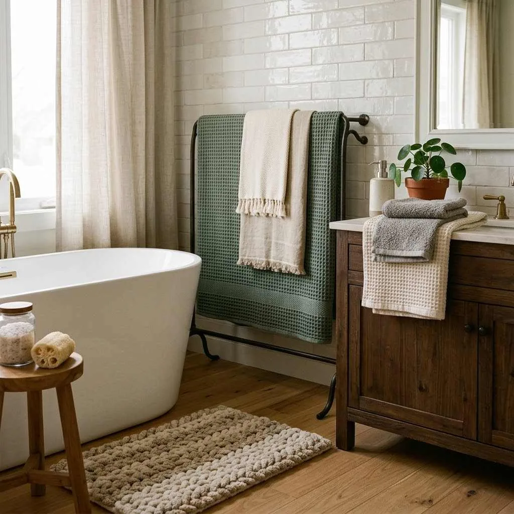 15 Bathroom Decor Ideas That'll Make You Fall in Love With Your Space 6 Layer in Textured Towels and Bath Mats compressed