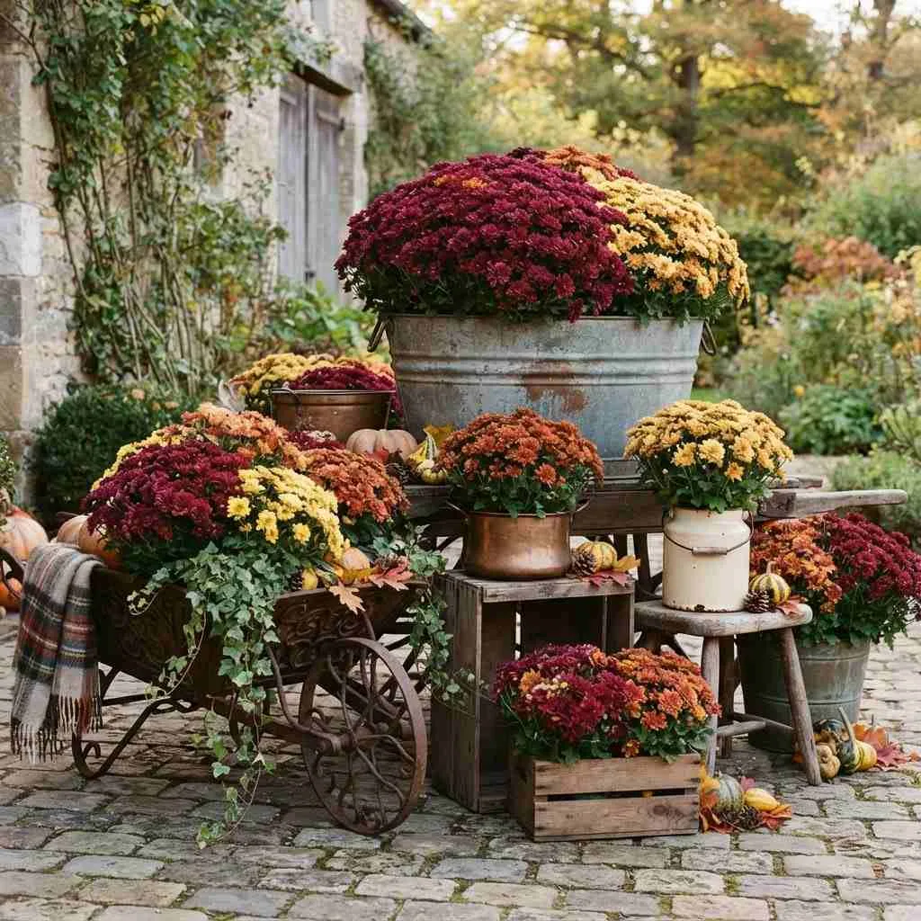 15 Fall Outdoor Decor Ideas to Transform Your Porch and Yard 4 Layered Mums in Vintage Containers