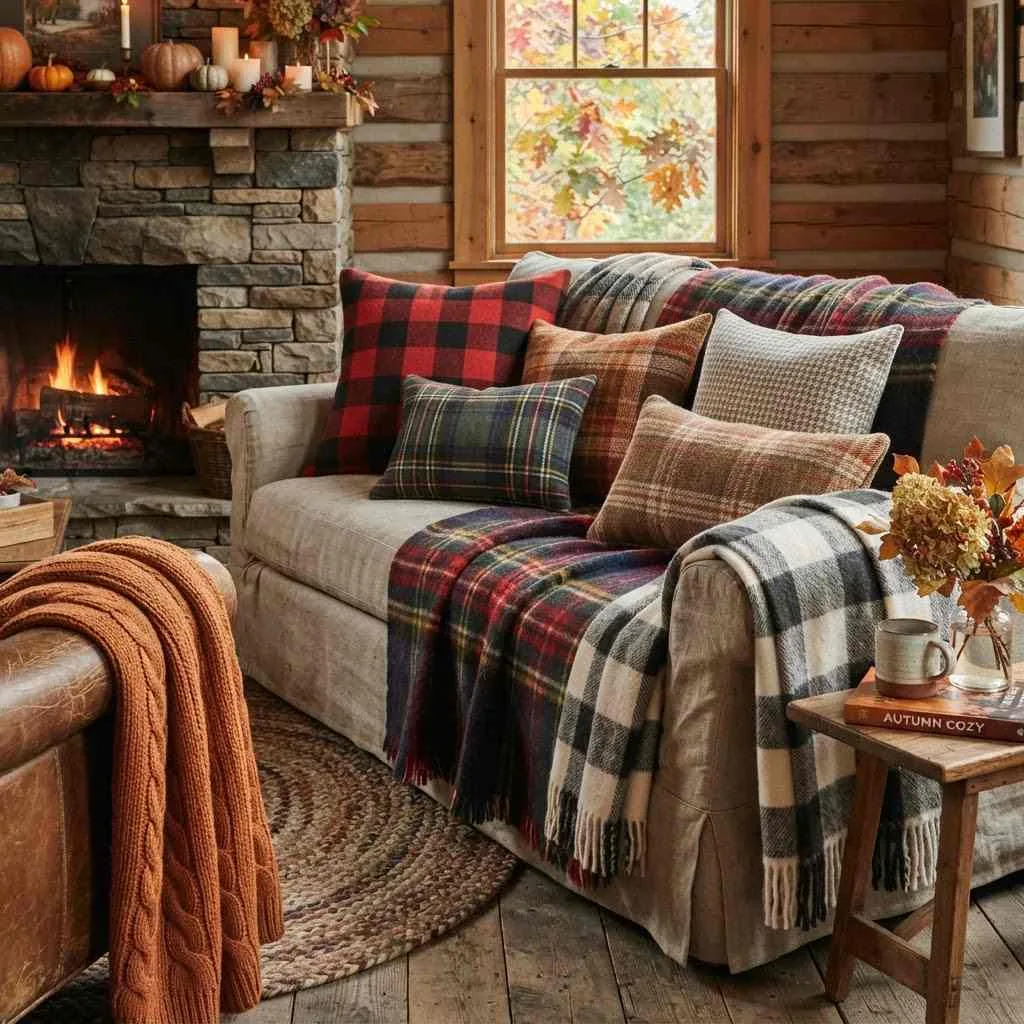 15 Fall Cabin Decor Ideas That'll Make You Never Want to Leave 2 Fall Cabin Decor Ideas 1. Layered Plaid Textiles