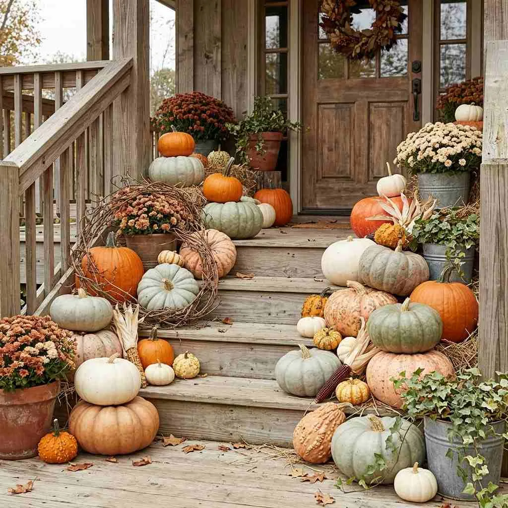14 Farmhouse Fall Decor Ideas to Cozy Up Your Home This Season 2 Farmhouse Fall Decor Ideas 1. Layered Pumpkin Displays