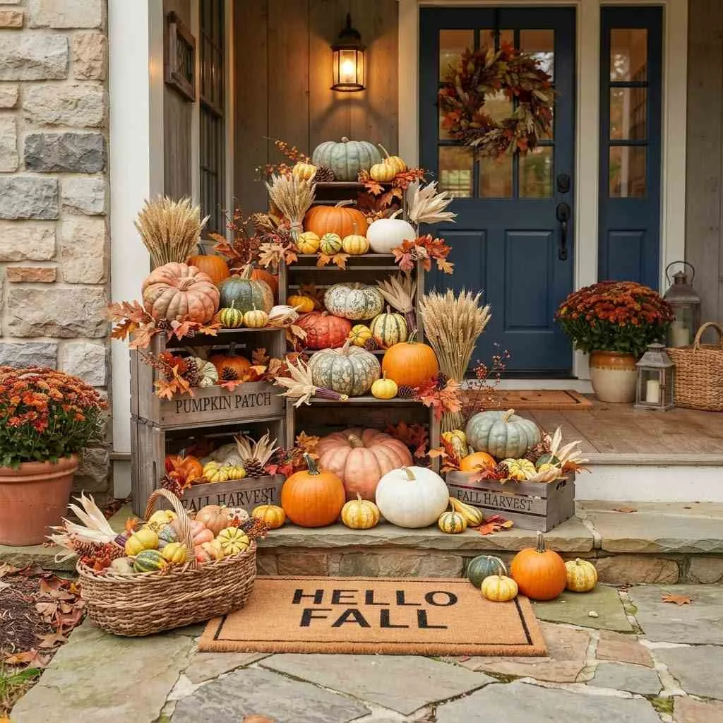 15 Fall Entryway Ideas to Warm Up Your Welcome 2 Fall Entryway Ideas1. Layered Pumpkin Displays