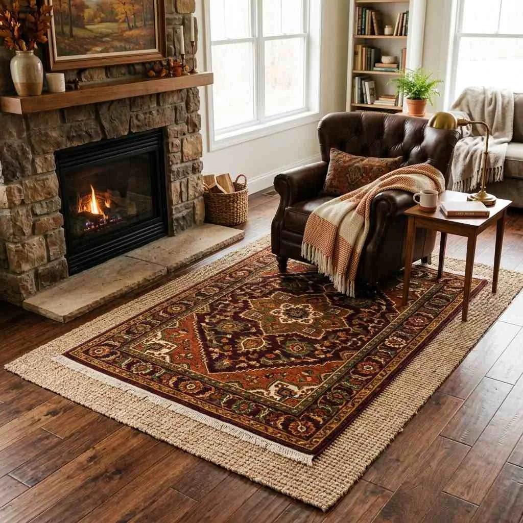14 Cozy Fall Home Aesthetic Ideas to Transform Your Space 14 Layered Rugs for Warmth Underfoot