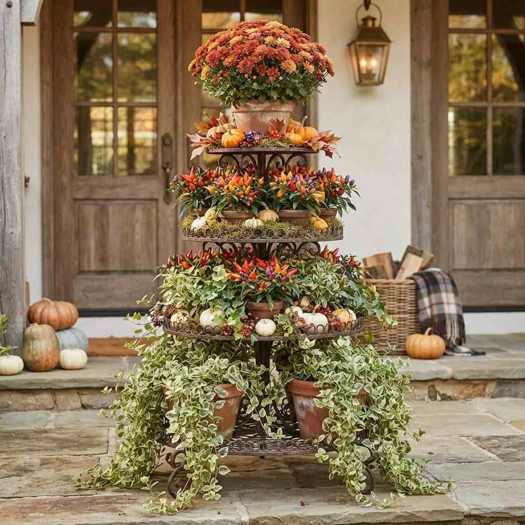 15 Fall Planter Ideas to Cozy Up Your Porch This Season 15 Layered Tiered Stand