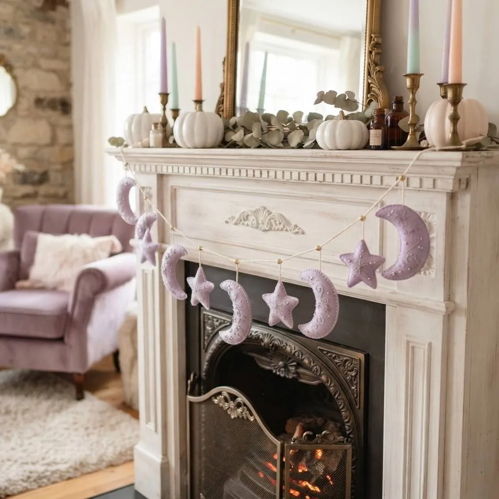 14 Dreamy Pastel Halloween Decor Ideas You'll Absolutely Love 11 Lilac Moon and Stars Banner