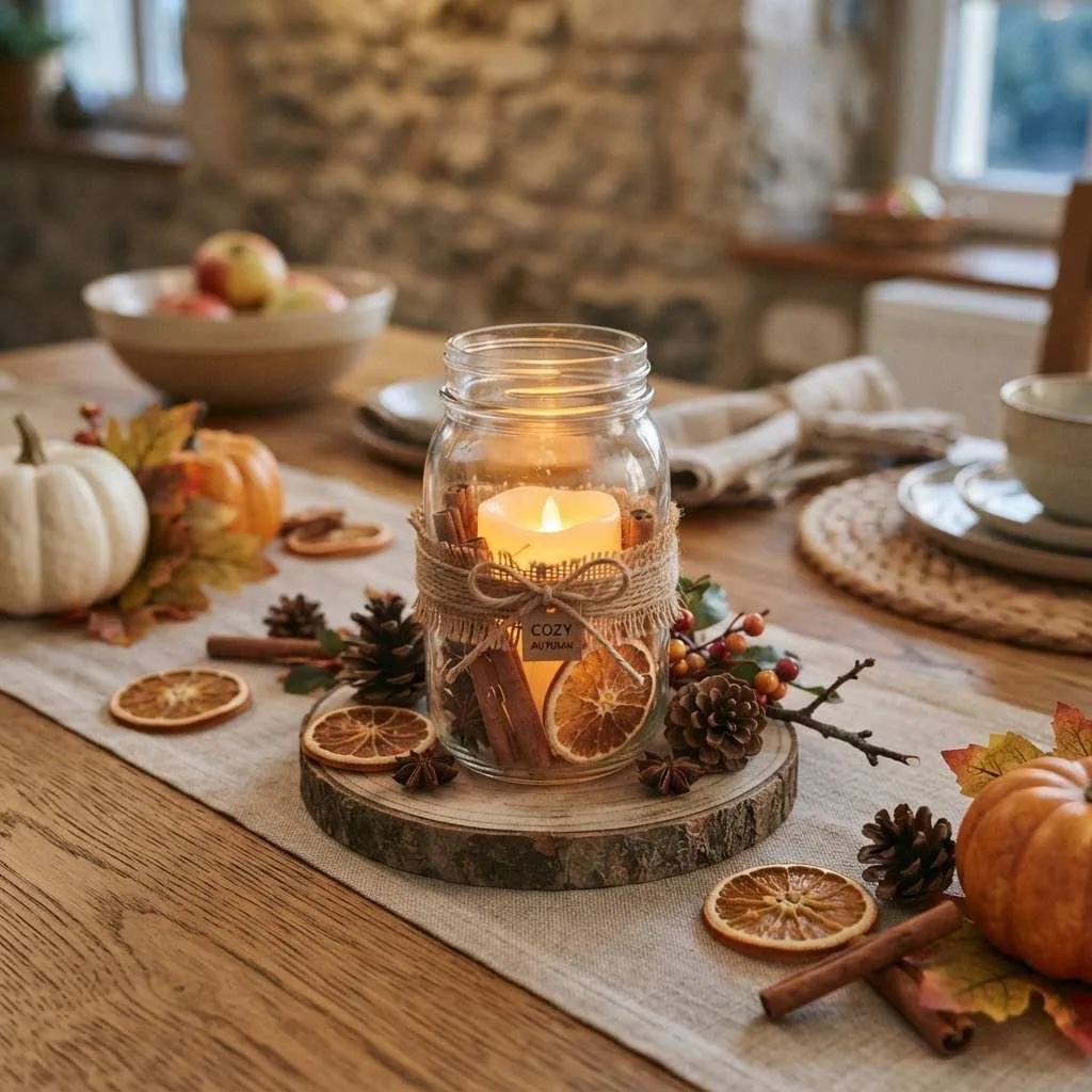 14 Rustic Fall Decor Ideas to Cozy Up Your Home This Season 3 Mason Jar Candle Centerpieces