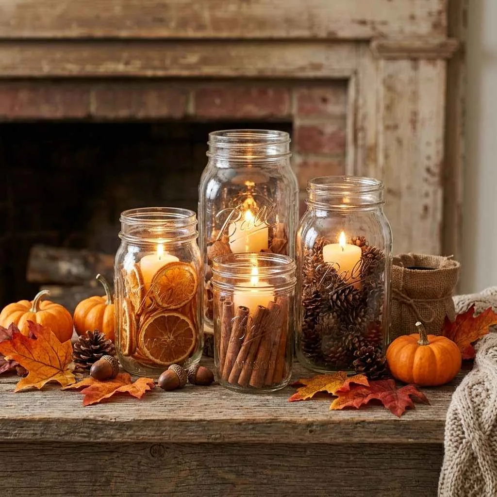 14 Farmhouse Fall Decor Ideas to Cozy Up Your Home This Season 8 7. Mason Jar Candle Displays