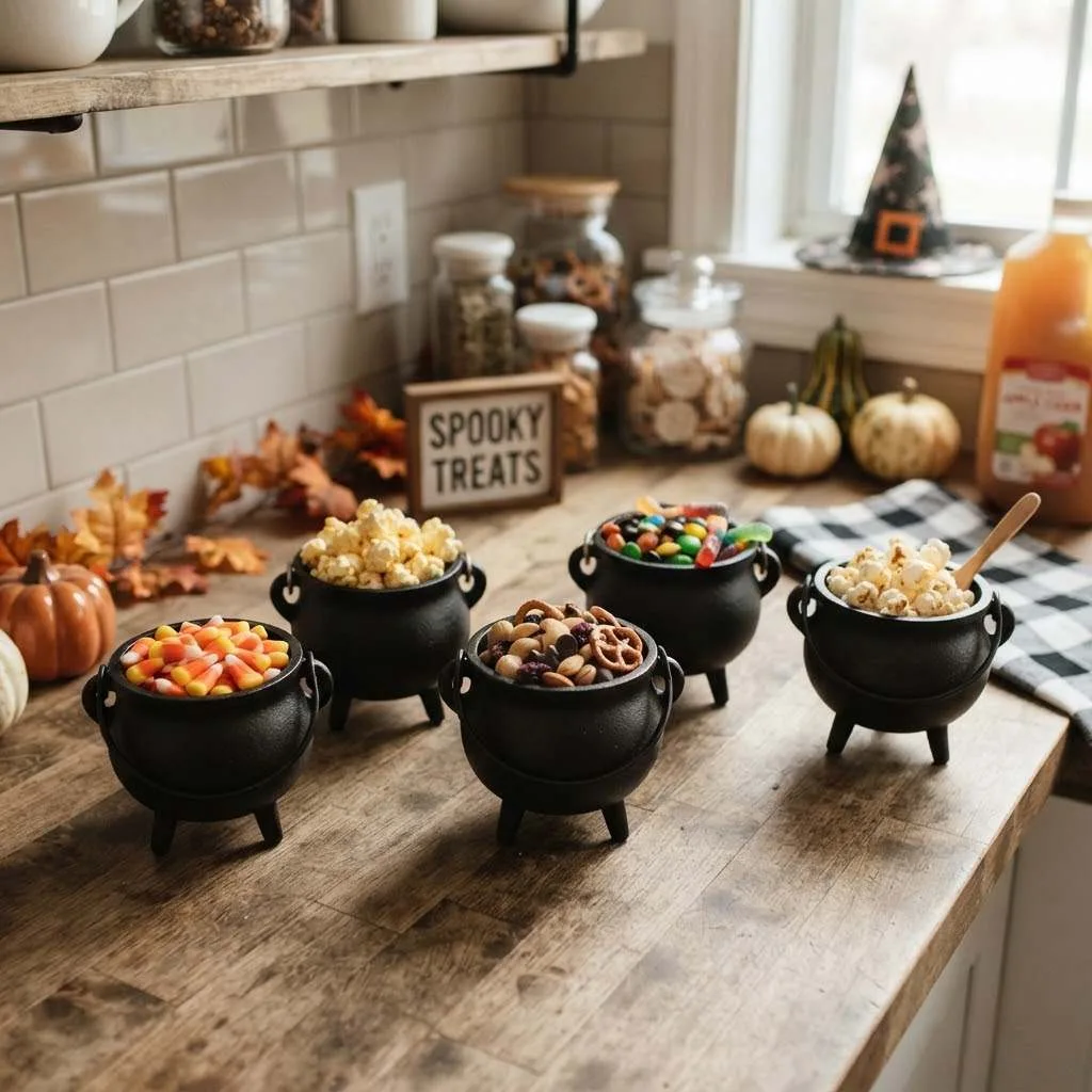 15 Halloween Kitchen Decor Ideas to Try This Year 14 13. Mini Cauldron Snack Bowls
