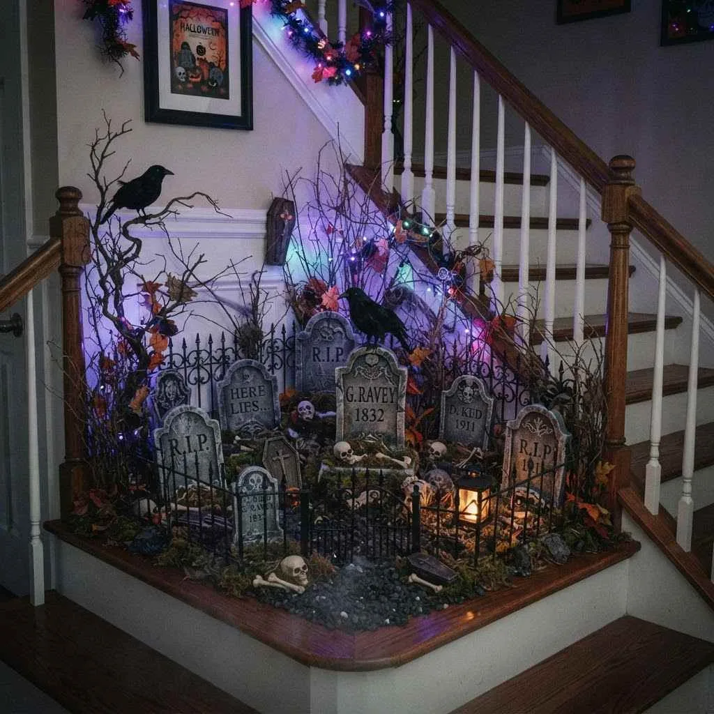15 Halloween Staircase Decor Ideas That Will Steal the Show 14 13. Mini Graveyard Scene at the Landing