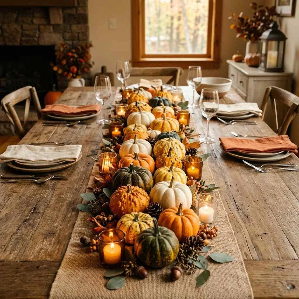 15 Fall Coffee Table Decor Ideas 14 Mini Pumpkin Patch Runner compressed