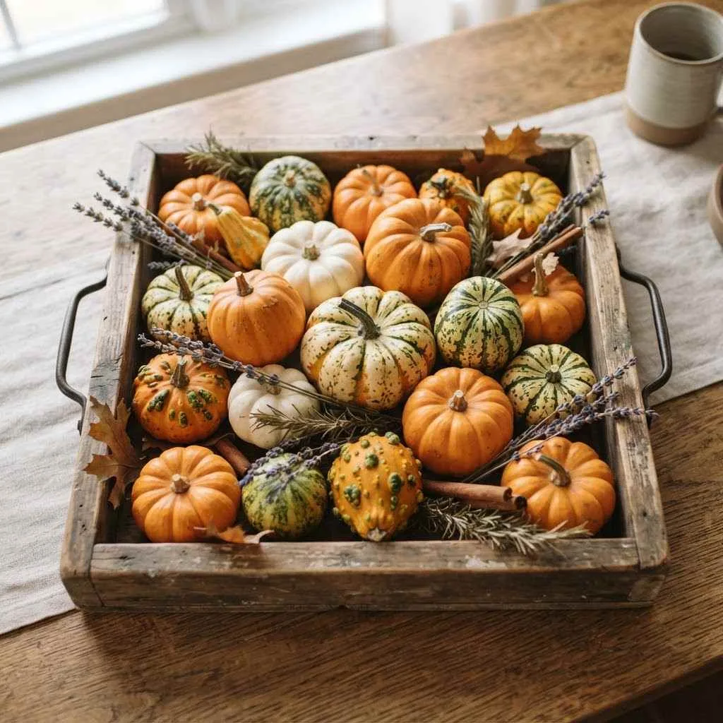 15 Fall Console Table Decor Ideas That'll Make Your Entryway Feel Like a Cozy Autumn Hug 8 7. Mini Pumpkin Patch on a Wooden Tray