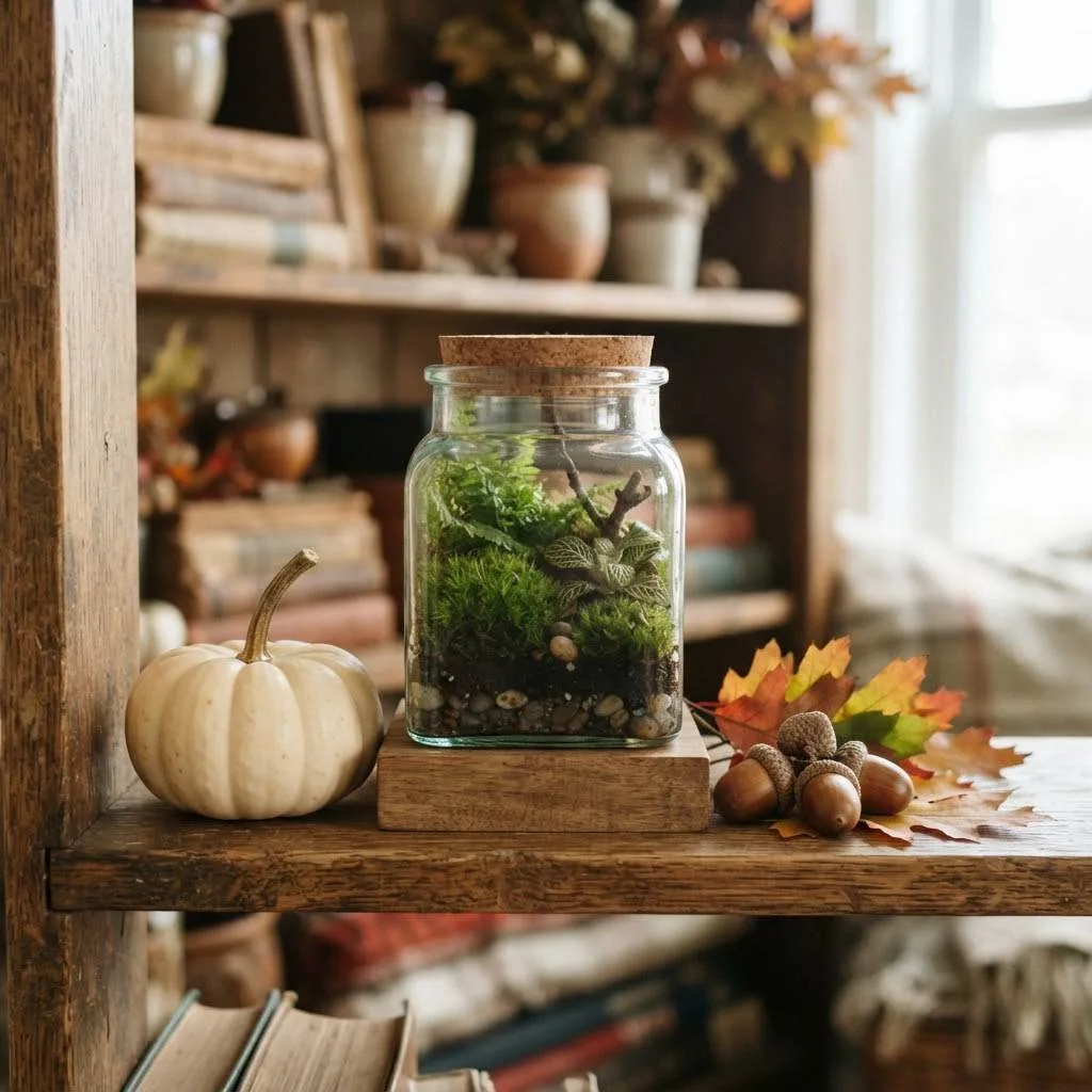 15 Fall Shelf Styling Ideas to Cozy Up Your Home This Season 15 14. Mini Terrarium or Moss Garden