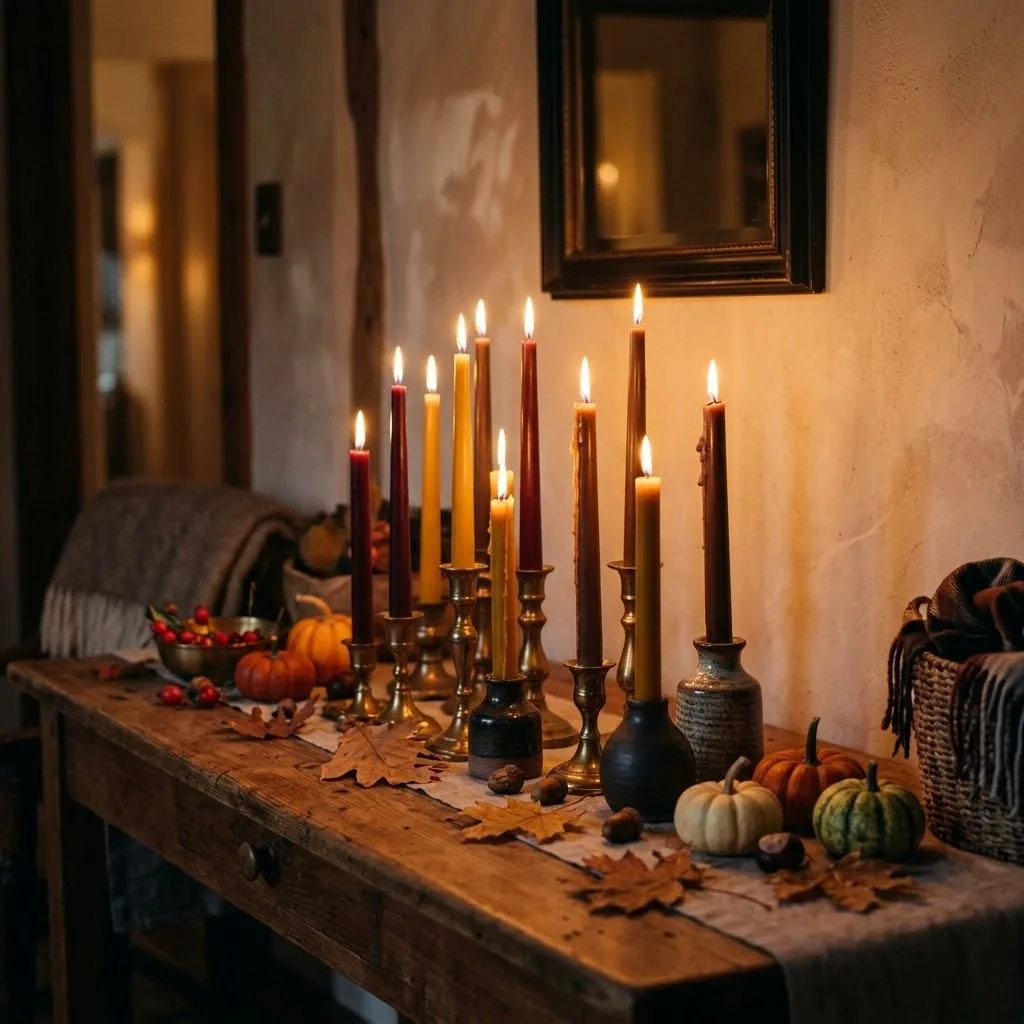 15 Fall Console Table Decor Ideas That'll Make Your Entryway Feel Like a Cozy Autumn Hug 3 2. Moody Candlelit Centerpiece