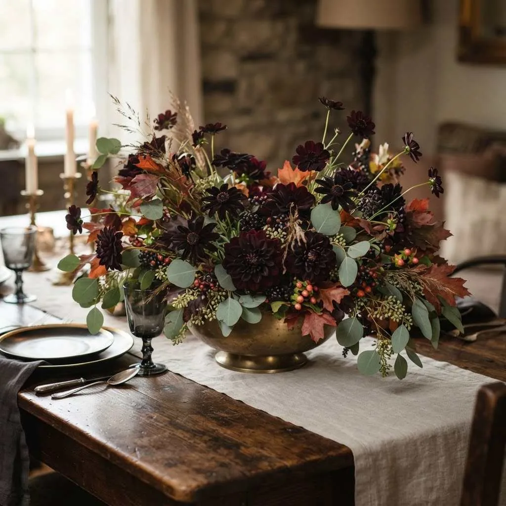 14 Halloween-Thanksgiving Table Decor Ideas You'll Absolutely Love 7 6. Moody Floral Centerpiece with Dark Blooms