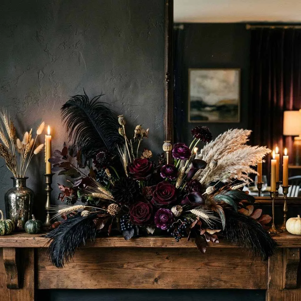 Moody Floral and Feather Arrangement