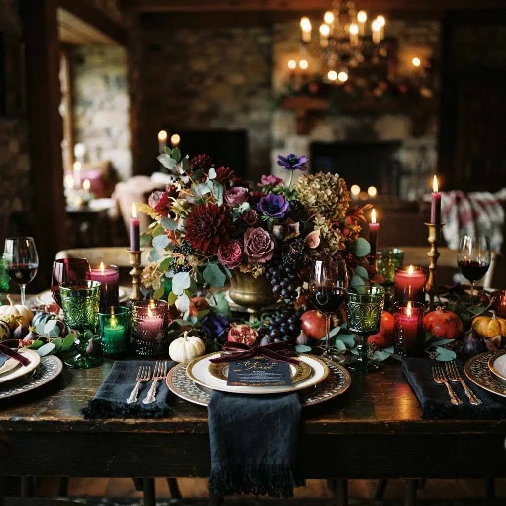 15 Fall Place Setting Ideas to Make Your Table Feel Cozy and Special 9 Moody Jewel-Toned Table Setting
