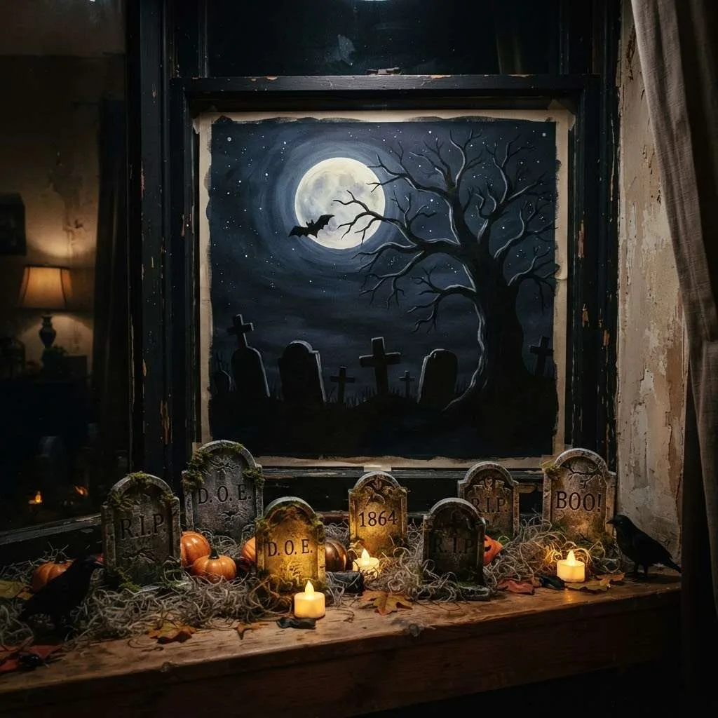 15 Spook-tacular Halloween Window Decor Ideas You'll Love 15 14. Moonlit Graveyard Backdrop