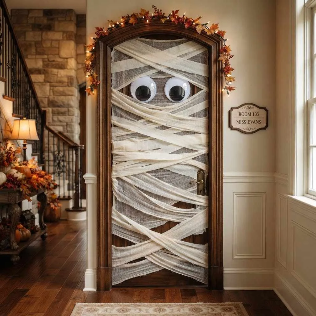 15 Halloween Classroom Decor Ideas That'll Make Your Room the Talk of the School! 5 Mummy Wrapped Door