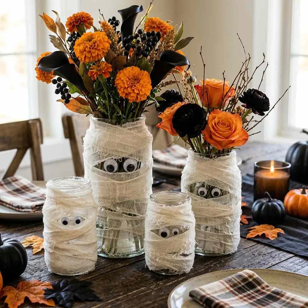 15 Spooktacular Halloween Table Centerpiece Ideas 9 Mummy Wrapped Vases
