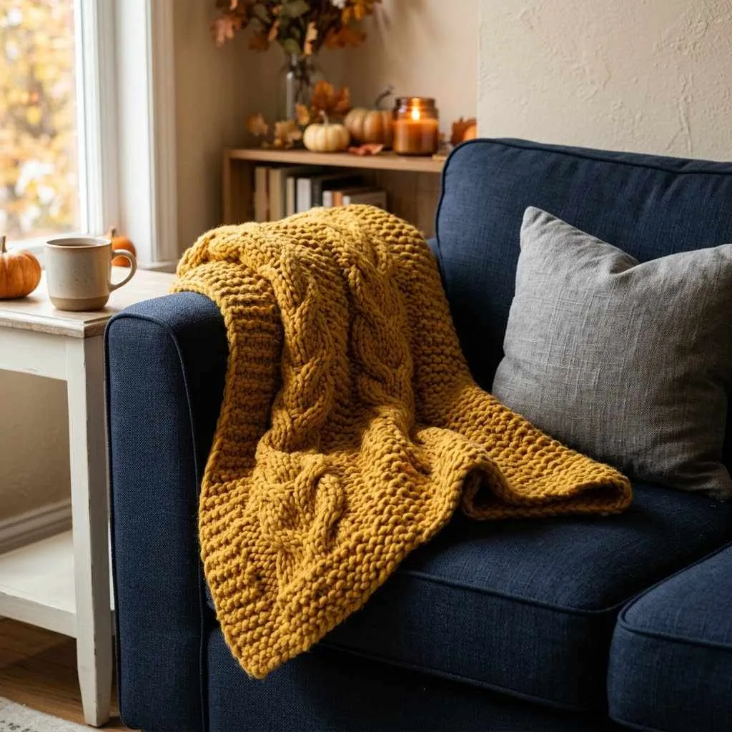 15 Chunky Knit Fall Throw Ideas to Cozy Up Your Home This Season 6 5. Mustard Yellow Textured Throw