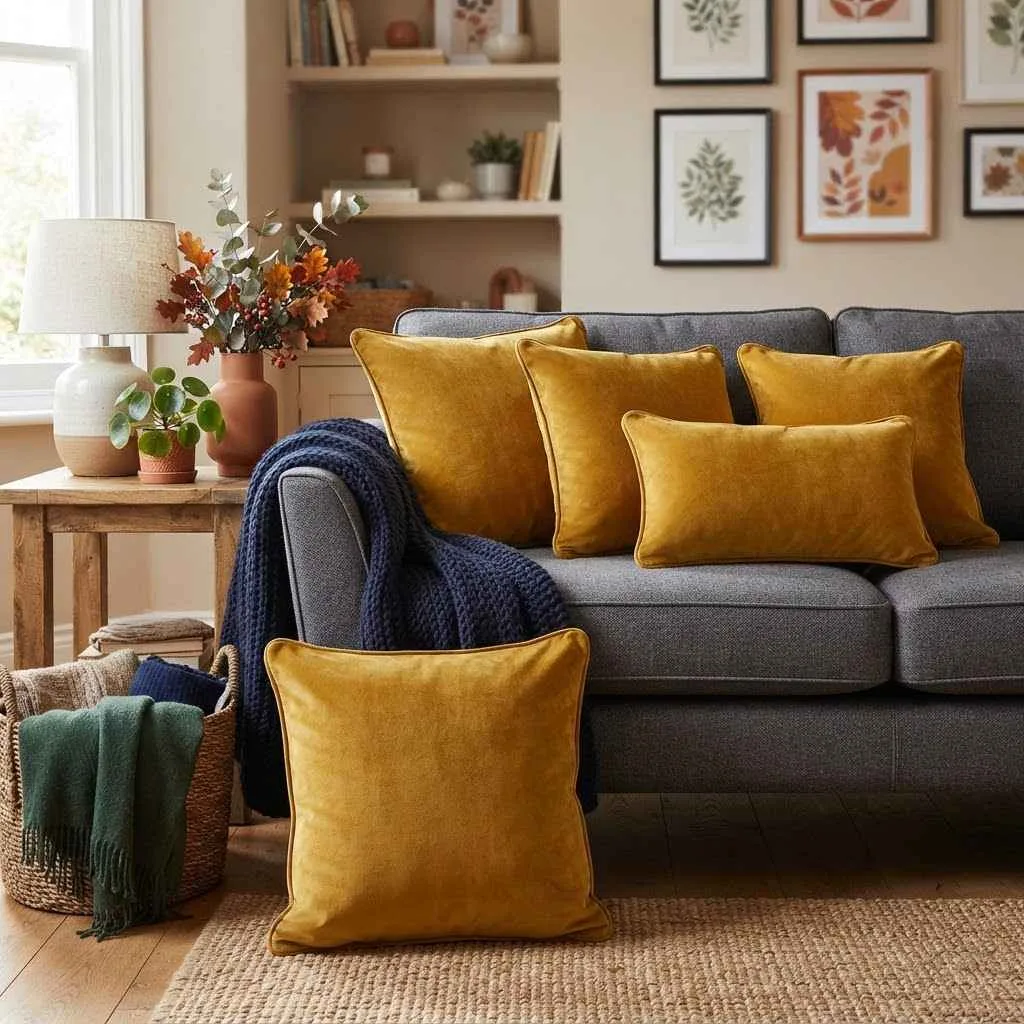 14 Velvet Pillow Fall Decor Ideas to Cozy Up Your Home 5 4. Mustard Yellow Velvet Cushions