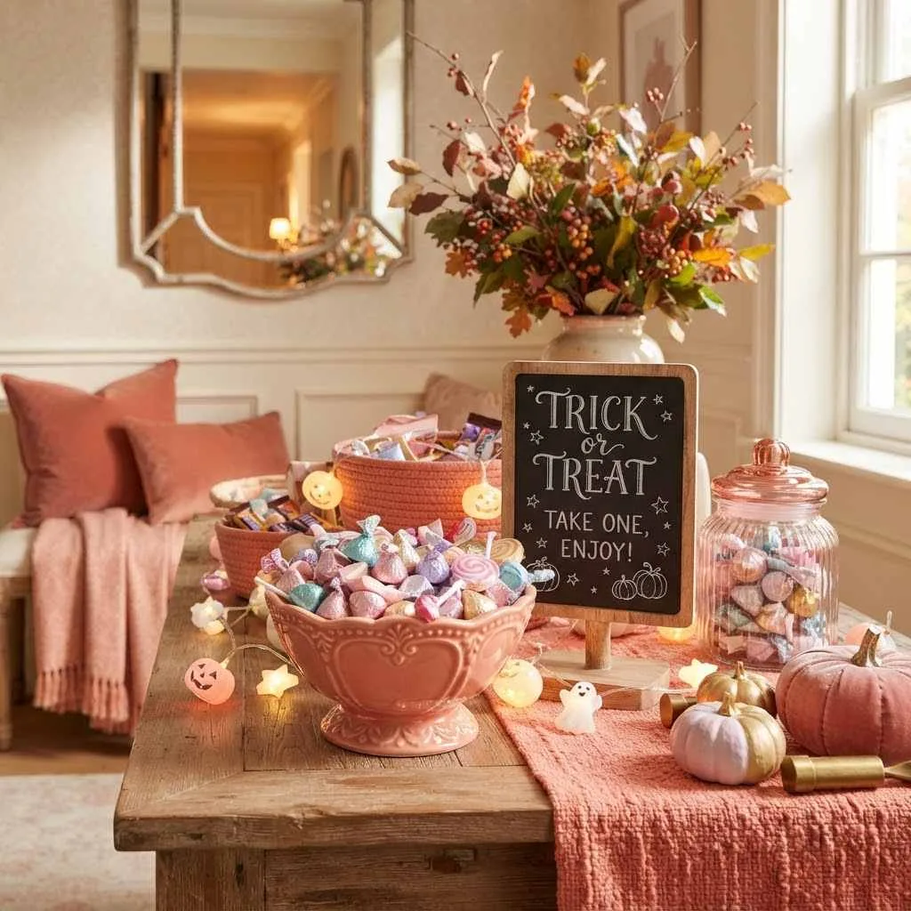 14 Dreamy Pastel Halloween Decor Ideas You'll Absolutely Love 16 Muted Coral Trick-or-Treat Station