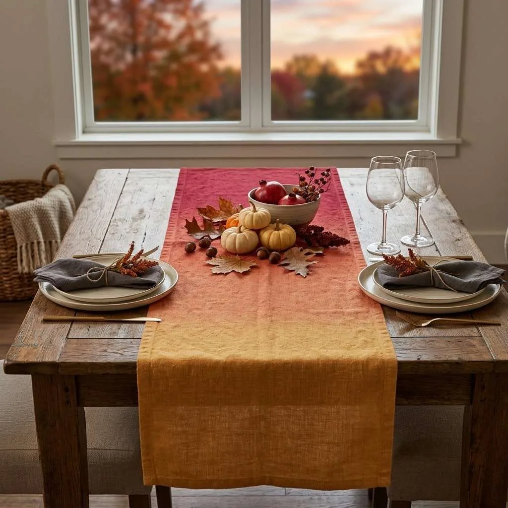 15 Beautiful Linen Table Runner Ideas to Transform Your Fall Table 8 Ombre Sunset Linen Runner
