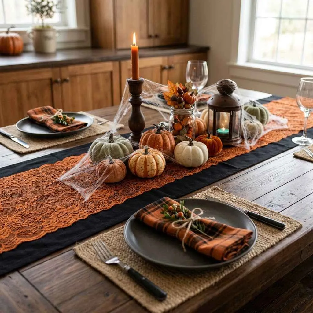 15 Halloween Kitchen Decor Ideas to Try This Year 13 12. Orange and Black Layered Table Runner