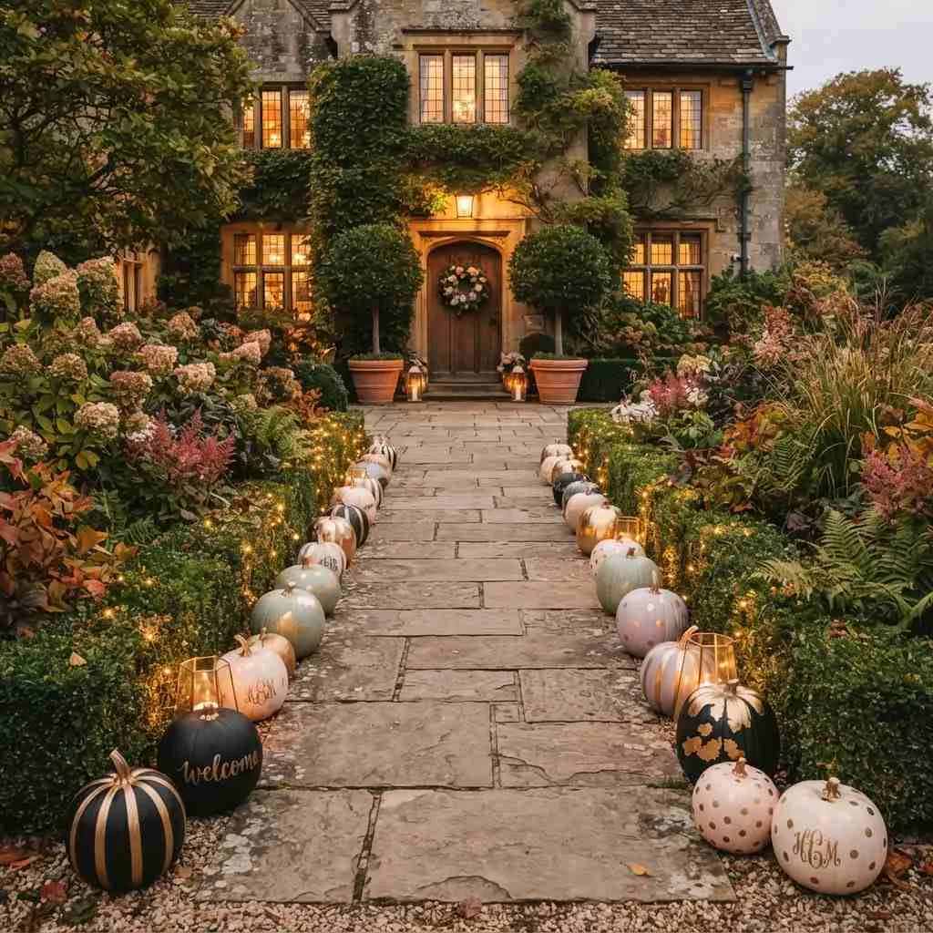 15 Fall Outdoor Decor Ideas to Transform Your Porch and Yard 12 Painted Pumpkin Pathway Markers