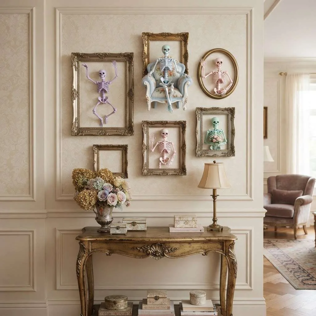 14 Dreamy Pastel Halloween Decor Ideas You'll Absolutely Love 8 Pastel Skeleton Wall Art