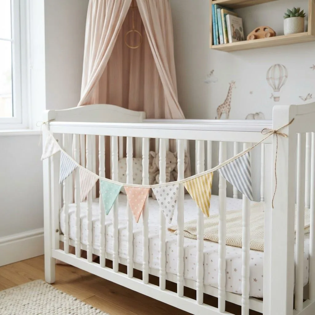 15 Halloween Nursery Decor Ideas: Castlecore & Circus Vibes Your Baby Will Love 9 8. Pennant Banner Crib Rail Trim