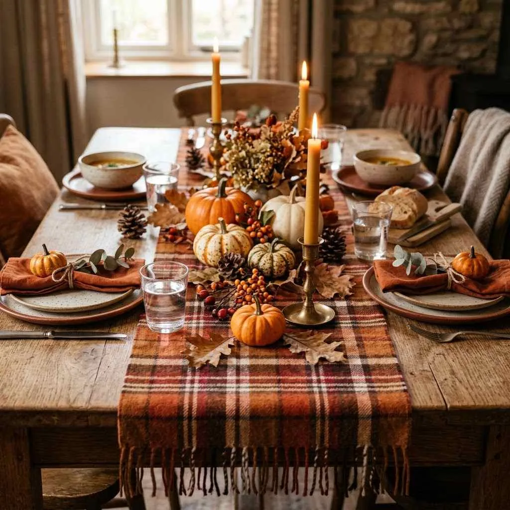 15 Fall Coffee Table Decor Ideas 11 Plaid Table Runner Base compressed