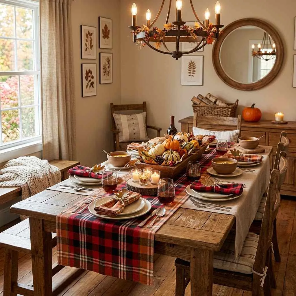14 Fall Dining Room Decor Ideas to Cozy Up Your Space 6 5. Plaid and Buffalo Check Accents
