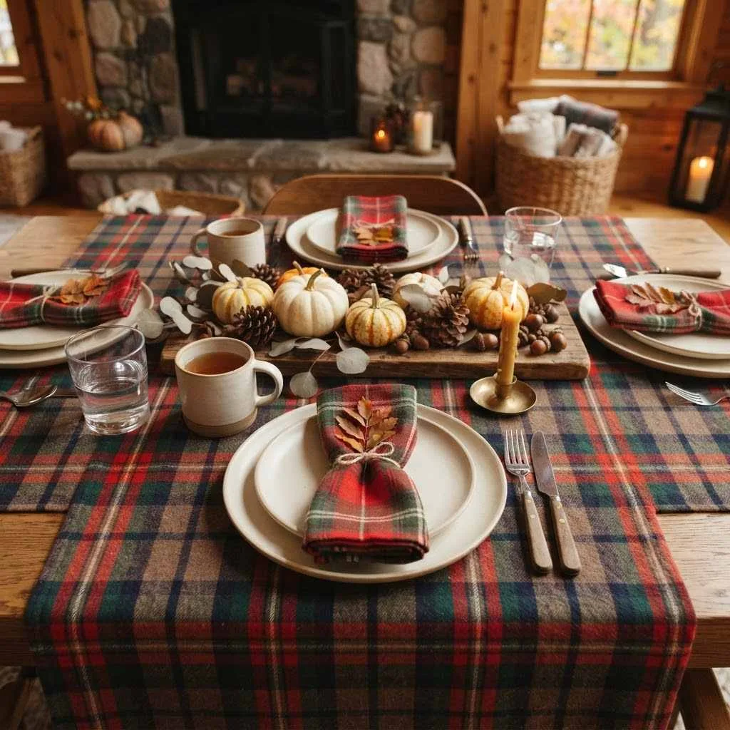 15 Fall Tablescape Ideas That'll Make Your Table the Star of the Season 7 6. Plaid and Flannel Table Linens