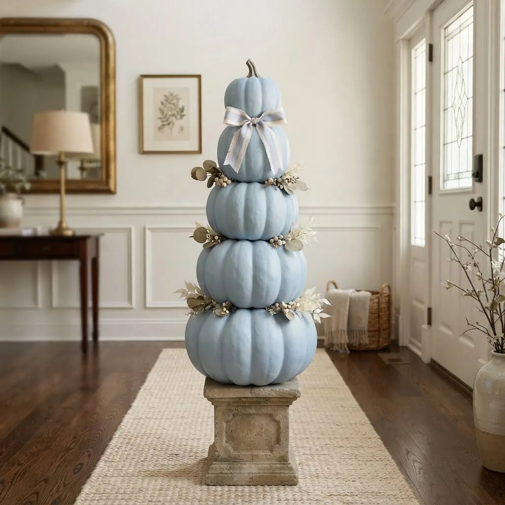 14 Dreamy Pastel Halloween Decor Ideas You'll Absolutely Love 12 Powder Blue Pumpkin Topiary