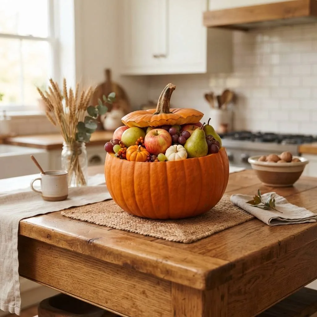 15 Halloween Kitchen Decor Ideas to Try This Year 8 7. Pumpkin Fruit Bowl Centerpiece
