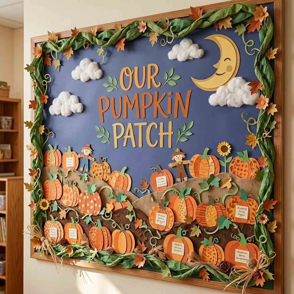15 Halloween Classroom Decor Ideas That'll Make Your Room the Talk of the School! 4 Pumpkin Patch Bulletin Board